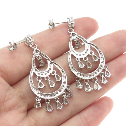 925 Sterling Silver Round-Cut & Pear-Cut Shaped C Z Chandelier Earrings