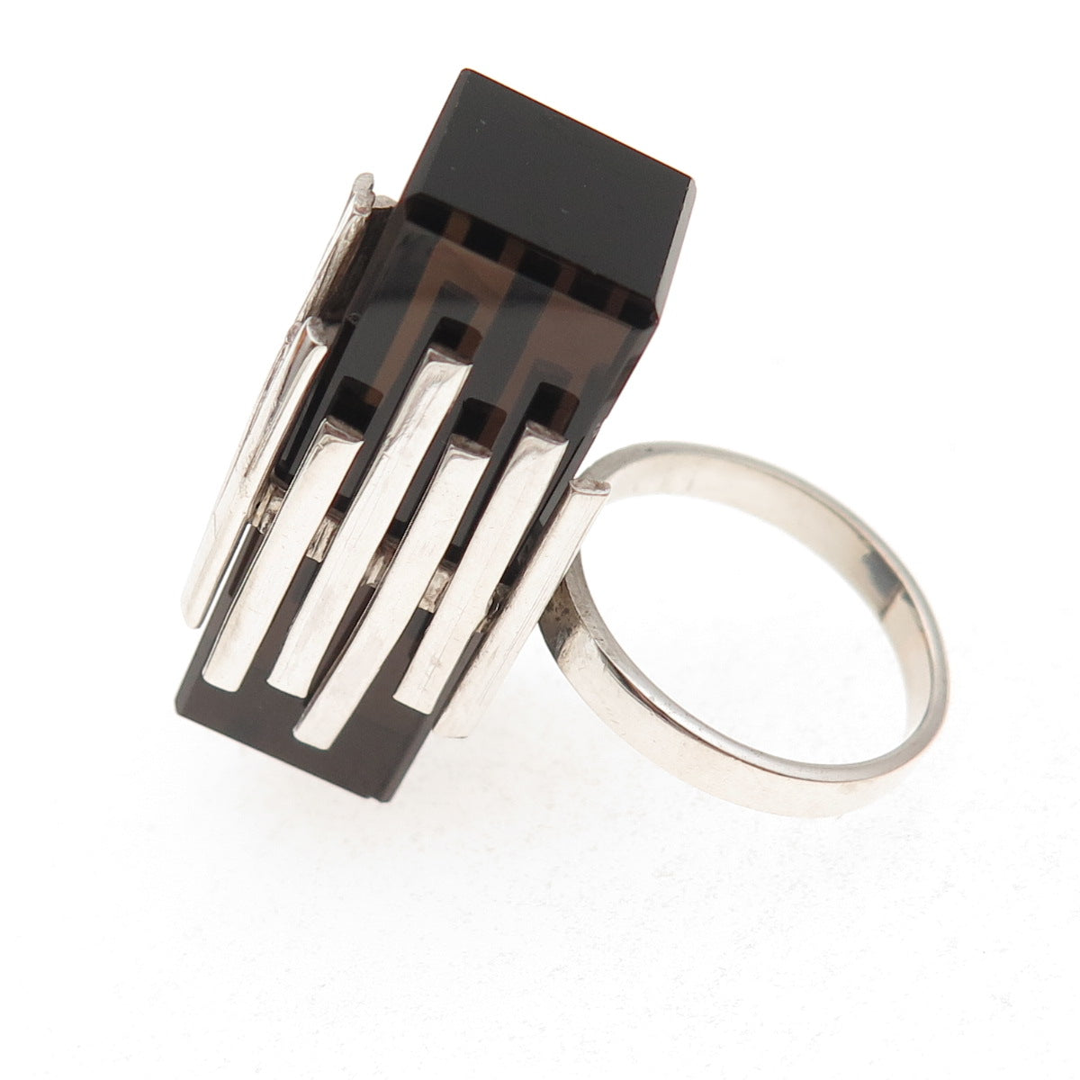 925 Sterling Silver Vintage Real Smoky Quartz Modernist Statement Ring Size 7