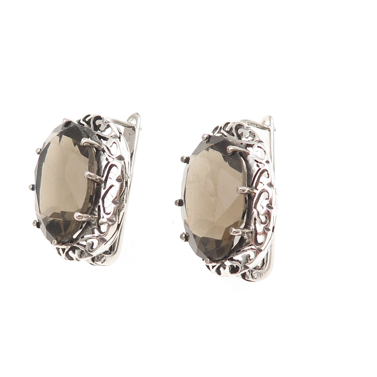 925 Sterling Silver Vintage Real Smoky Quartz Heart Ornate Oxidized Earrings