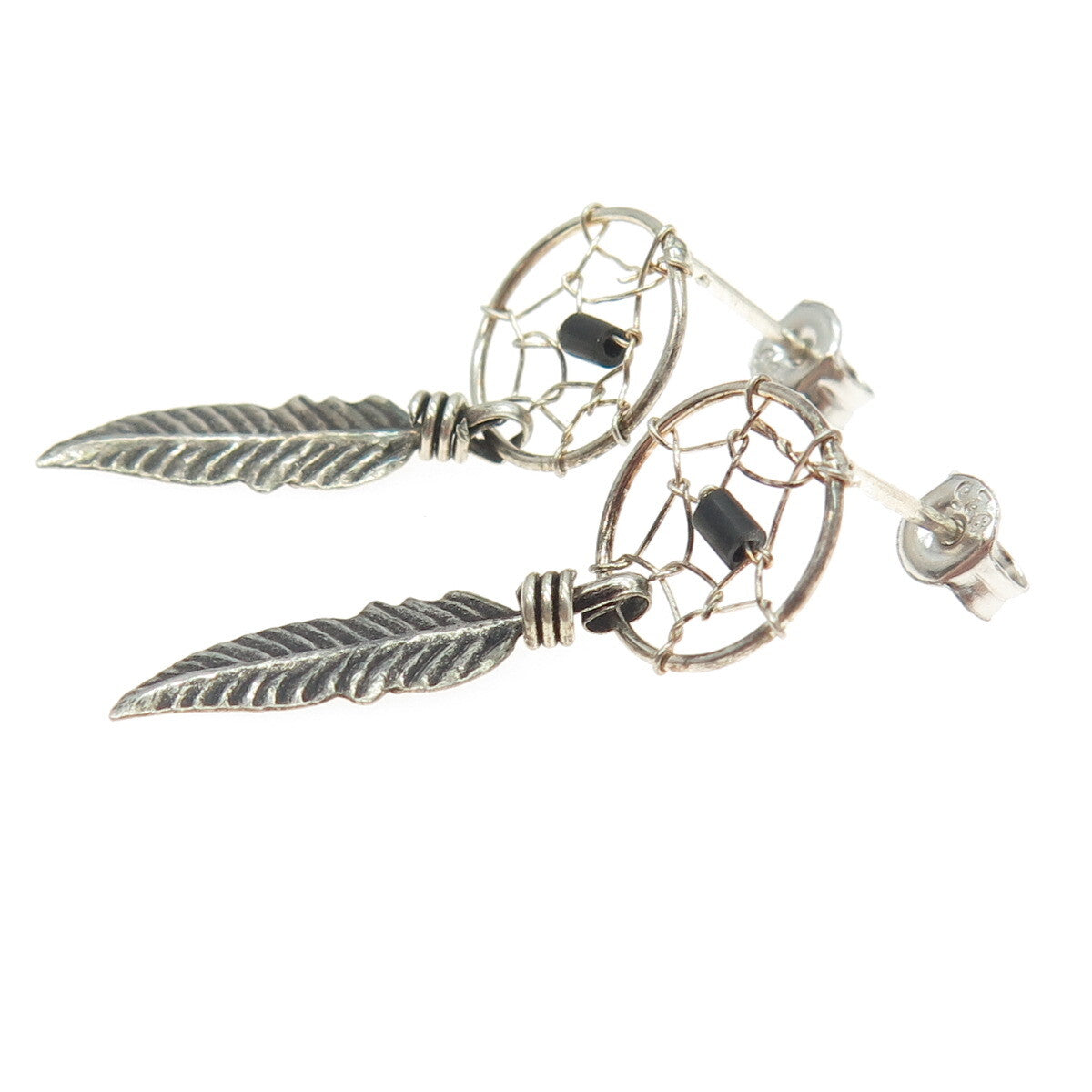 925 Sterling Silver Vintage Southwestern Real Black Onyx Dreamcatcher Earrings