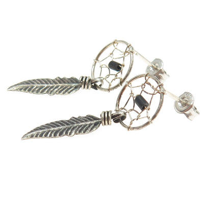 925 Sterling Silver Vintage Southwestern Real Black Onyx Dreamcatcher Earrings