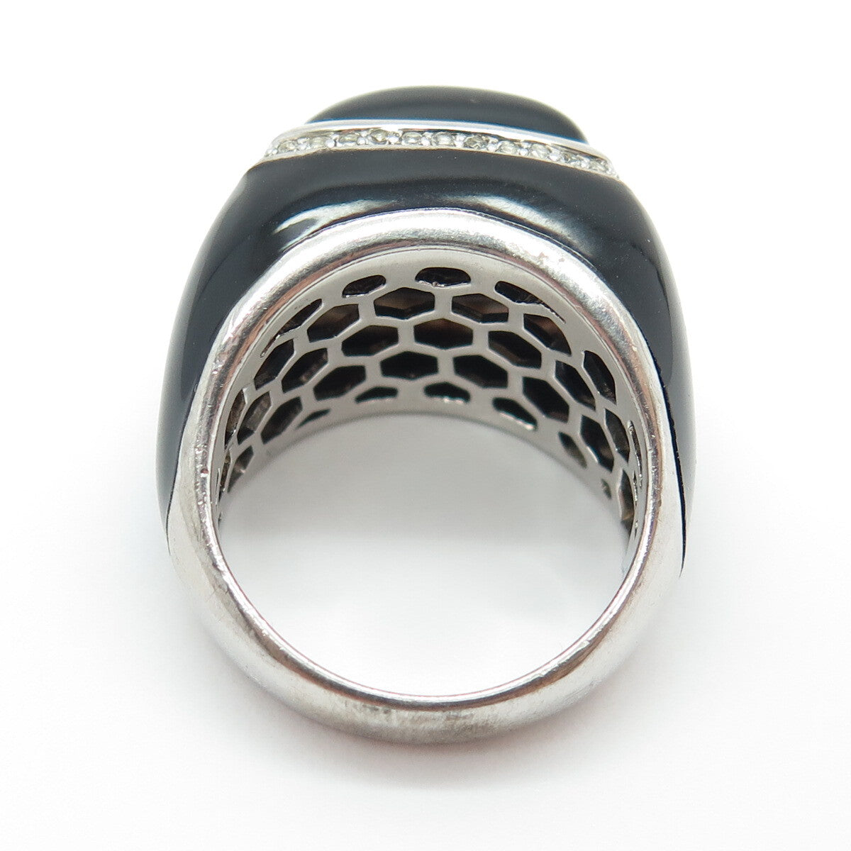 925 Sterling Silver Enamel Real Black Onyx & White Topaz Ring Size 7.25