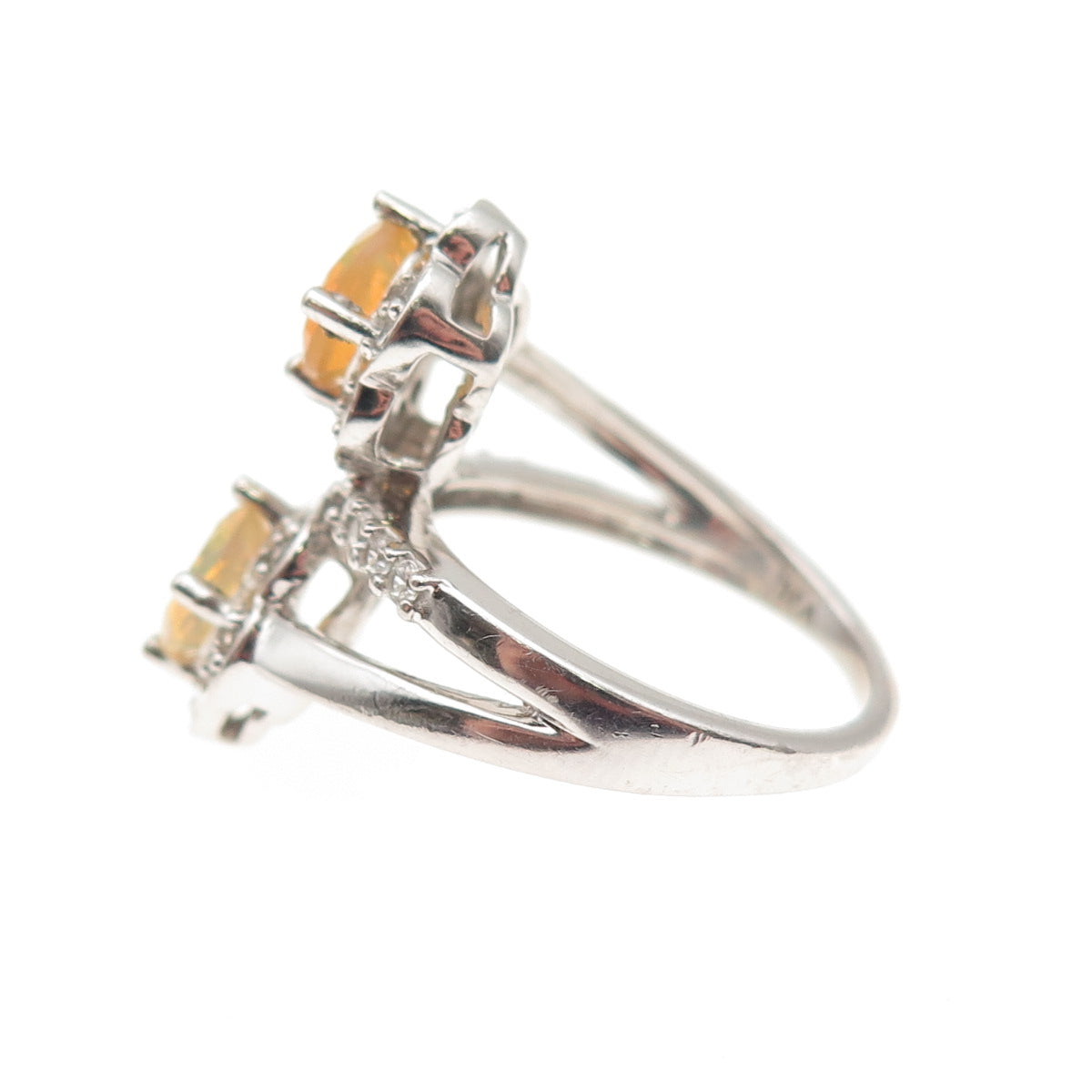 925 Sterling Silver VJL Real Opal & White Topaz Floral Bypass Ring Size 6