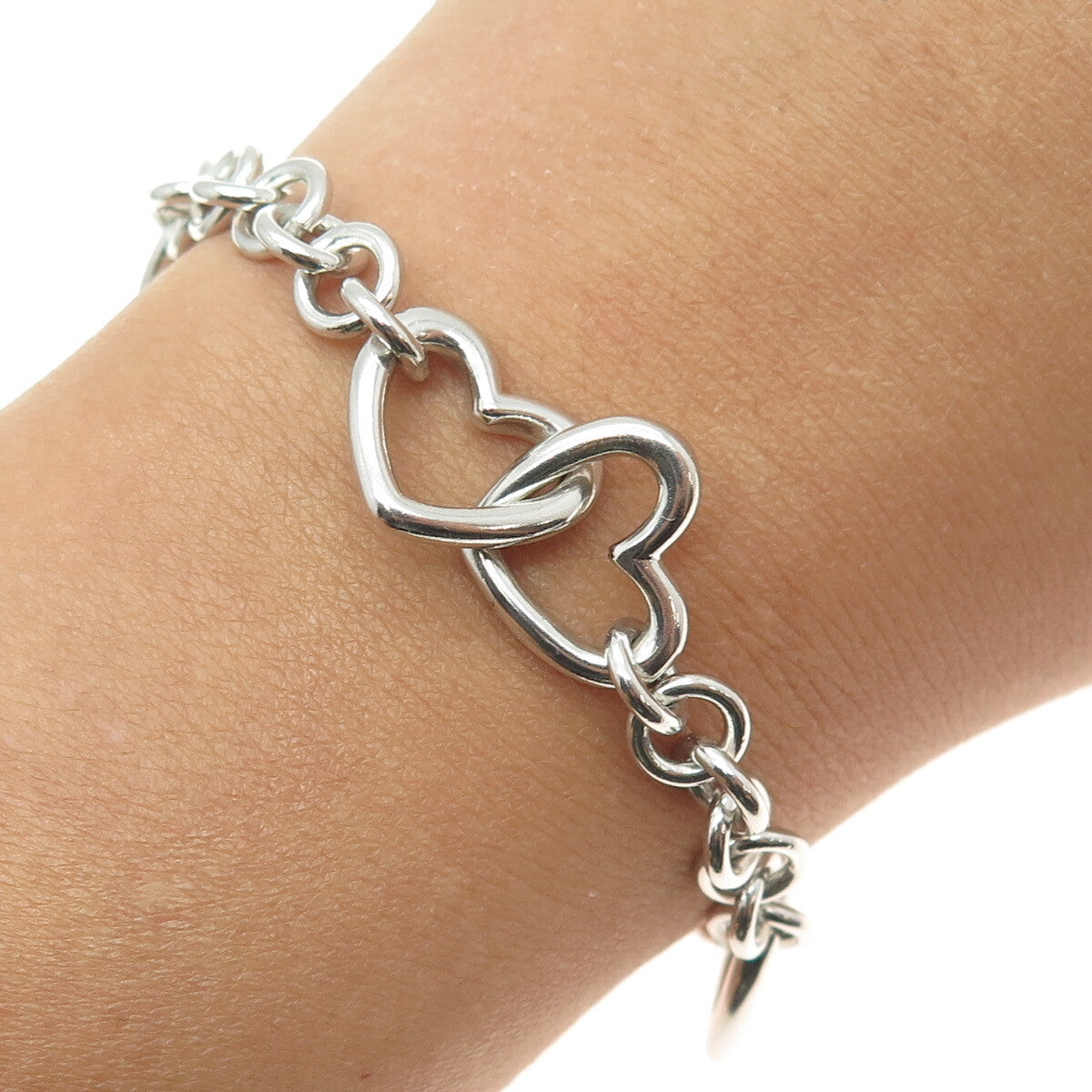 TOWN & COUNTRY 925 Sterling Silver Vintage Interlocked Heart Link Bracelet 7.25"