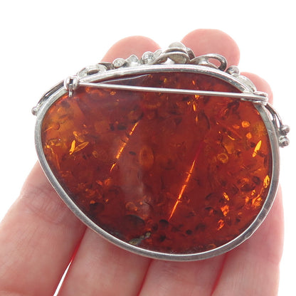 925 Sterling Silver Vintage DC Poland Real Amber Rose Flower Modernist Brooch