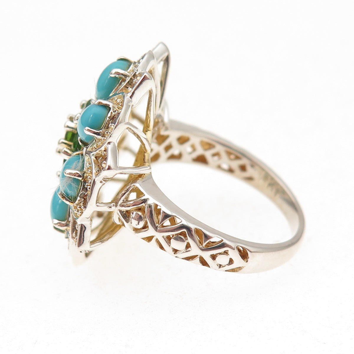 925 Sterling Silver 2-Tone Real Turquoise Tanzanite & Peridot Ring Size 8.25