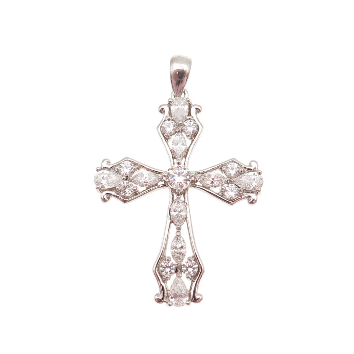 925 Sterling Silver Round Pear & Marquise-Cut C Z Cross Charm Pendant