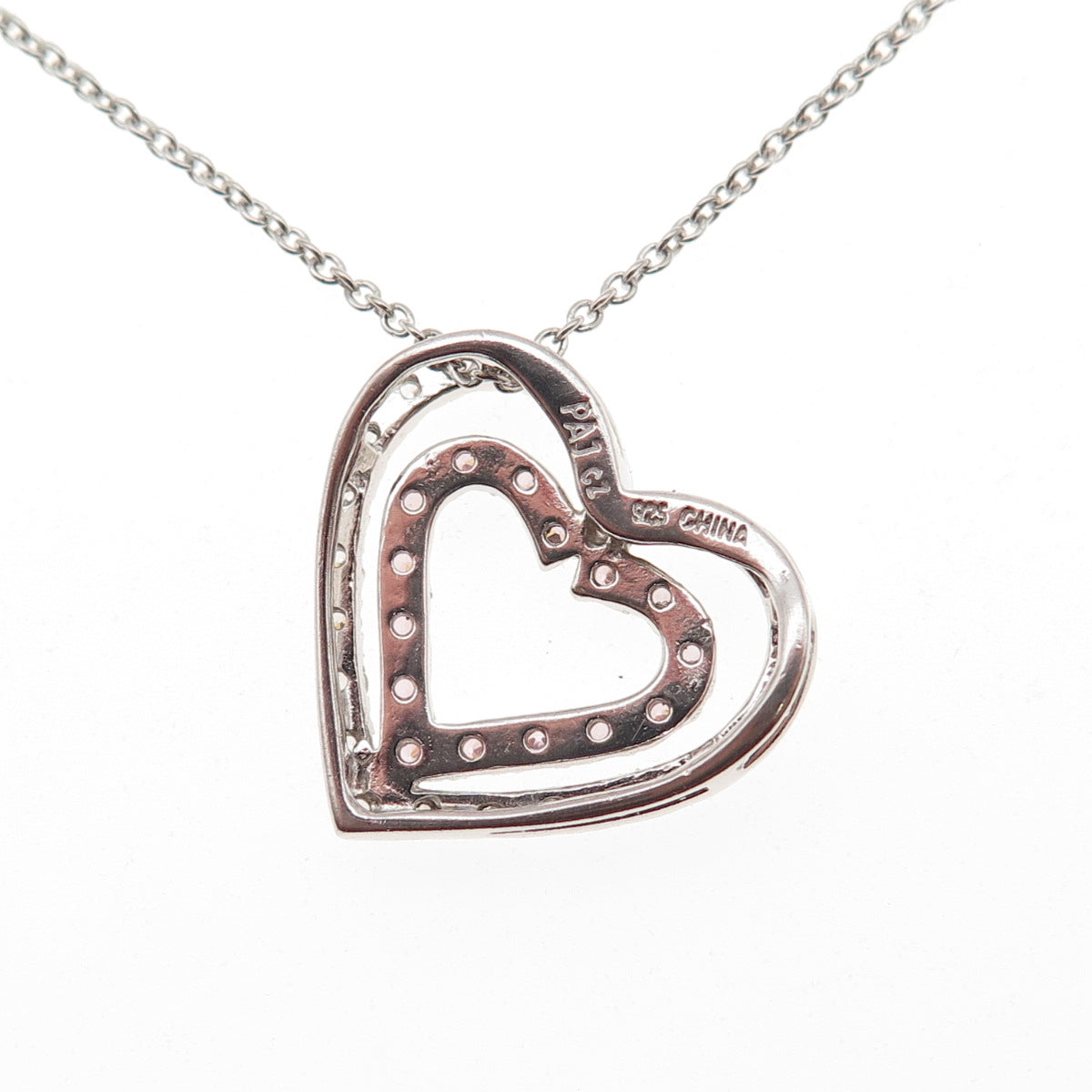 925 Sterling Silver Round-Cut C Z Double Heart Cable Chain Necklace 18"