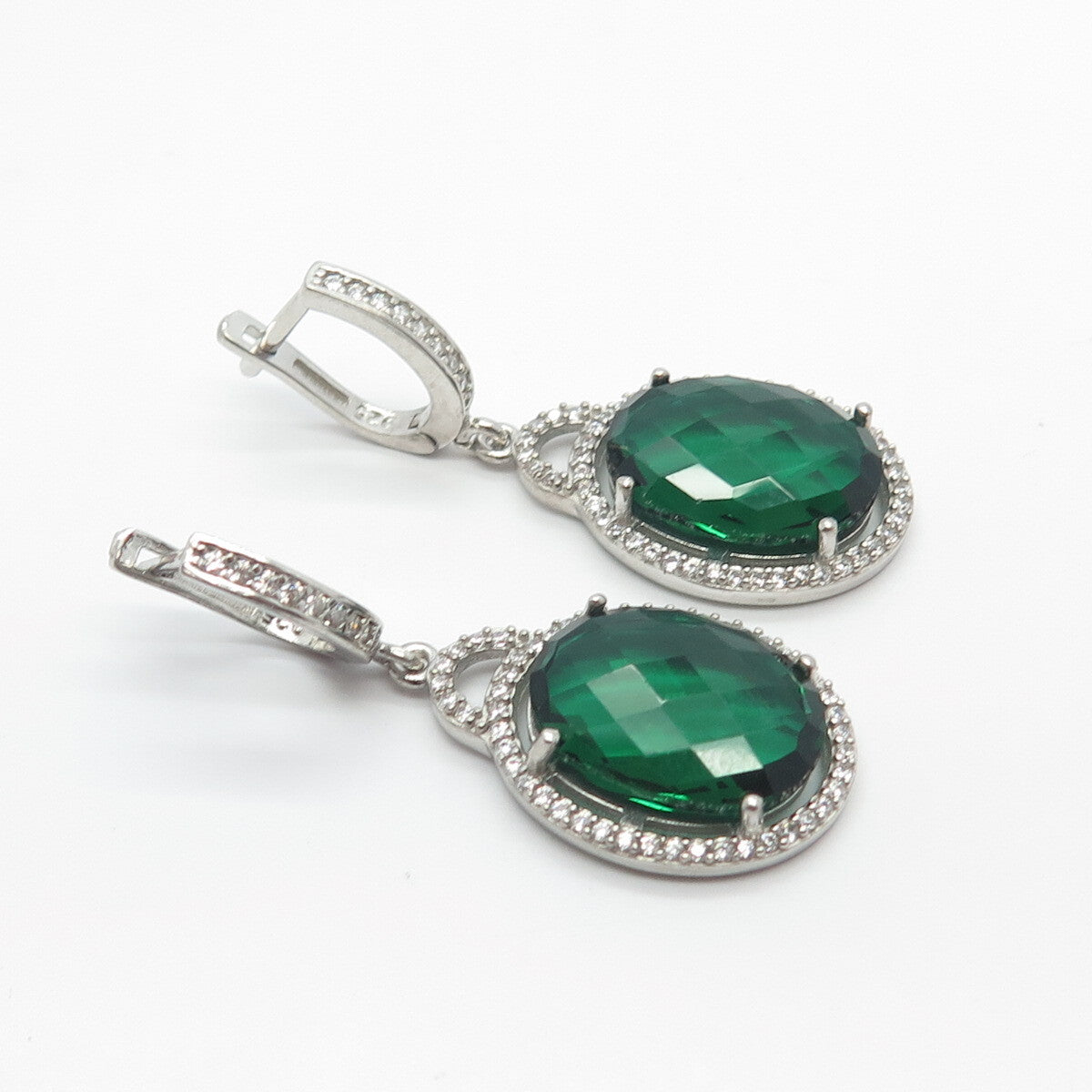 925 Sterling Silver White & Green C Z Dangling Earrings