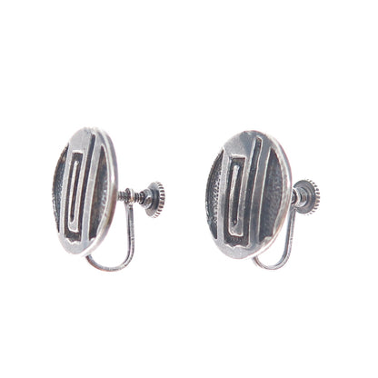925 Sterling Silver Vintage Tribal Maze Symbol Oxidized Screw Back Earrings