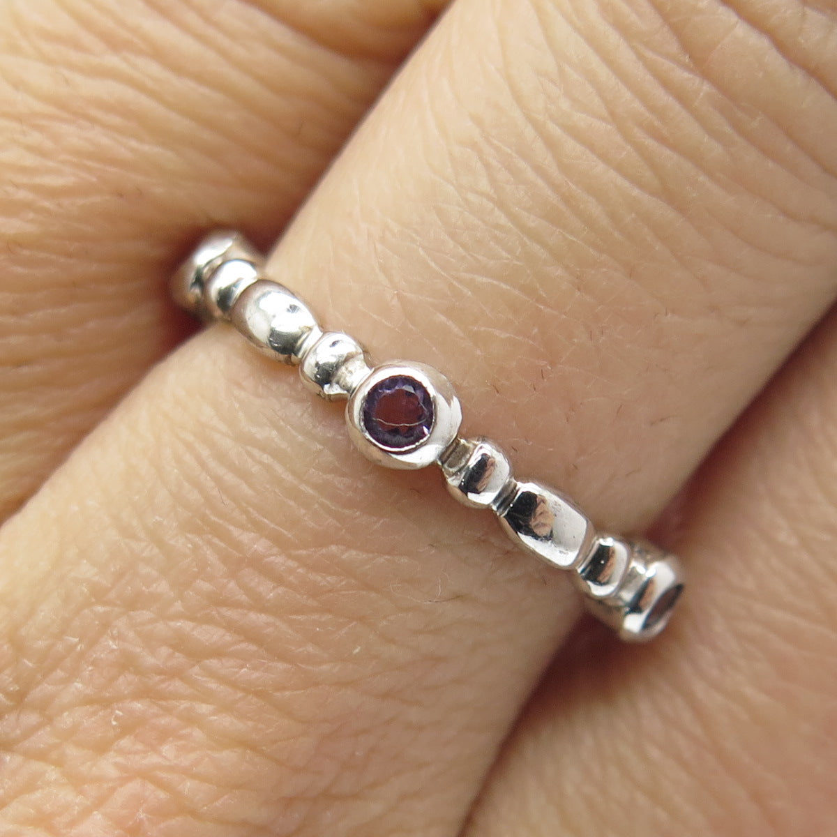 925 Sterling Silver Real Round-Cut Amethyst Gem Beaded Band Ring Size 7