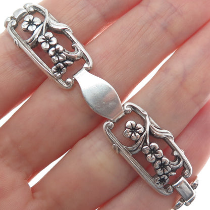 WELLS Sterling Silver Antique Art Deco Cherry Blossom Panel Link Bracelet 7.5"