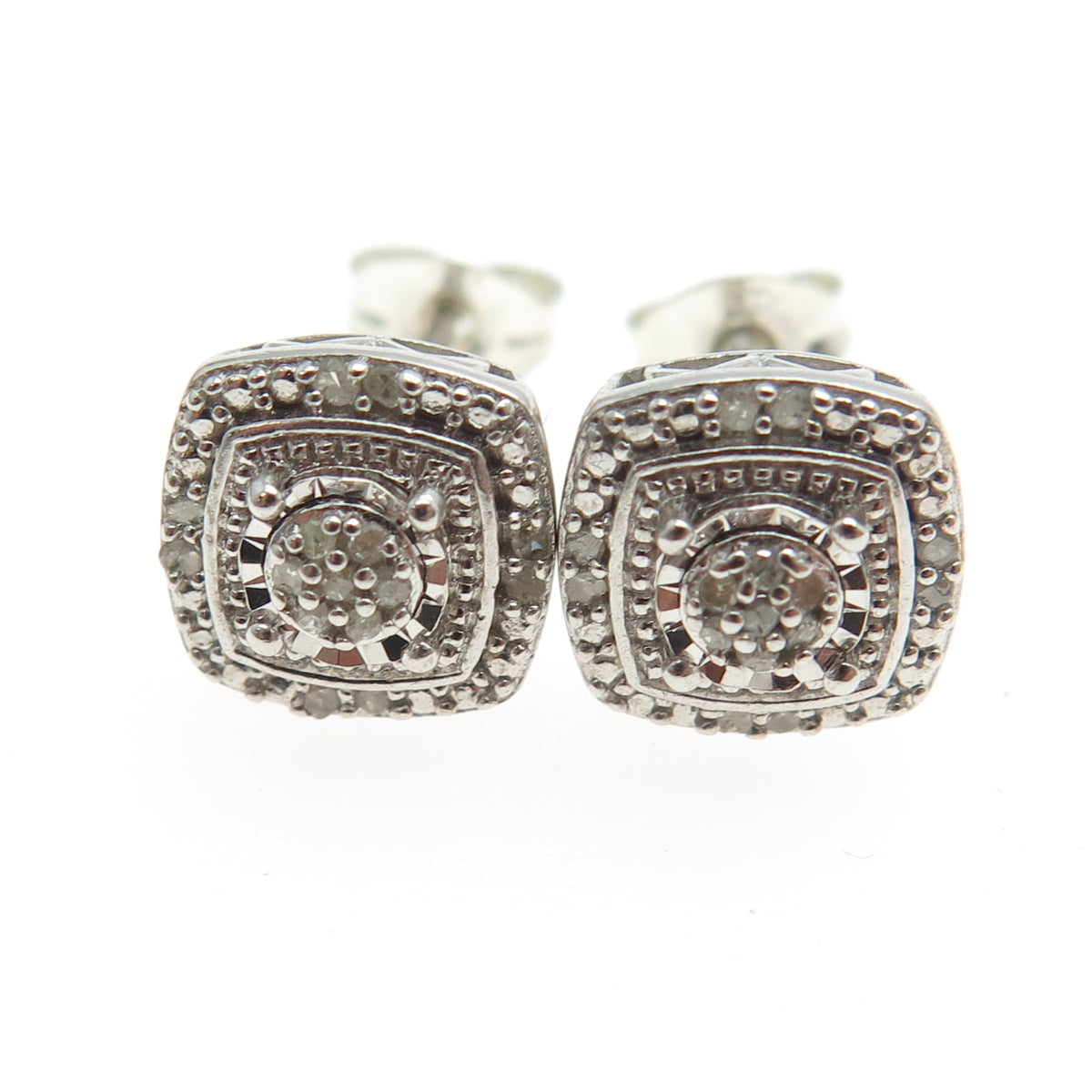 925 Sterling Silver Real Round-Cut Diamond Square Stud Earrings