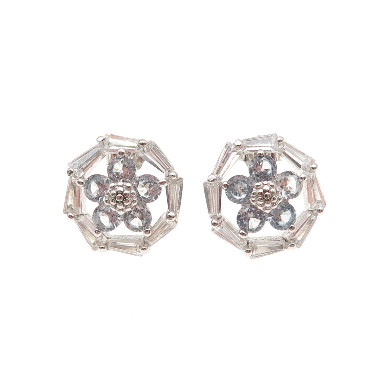 925 Sterling Silver Round-Cut Blue & Tapered Baguette-Cut White C Z Earrings