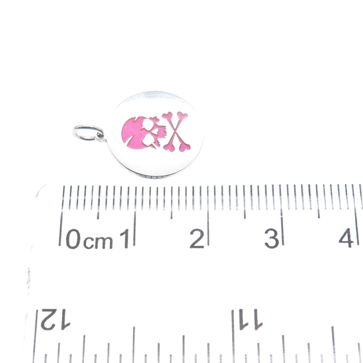 925 Sterling Silver Pink Enamel Skull & Bones Round Minimalist Charm Pendant