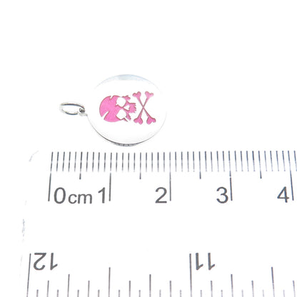 925 Sterling Silver Pink Enamel Skull & Bones Round Minimalist Charm Pendant