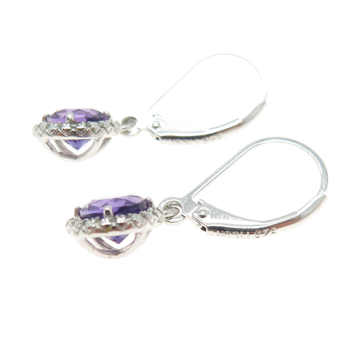 925 Sterling Silver Real Amethyst Gemstone & C Z Dangle Earrings