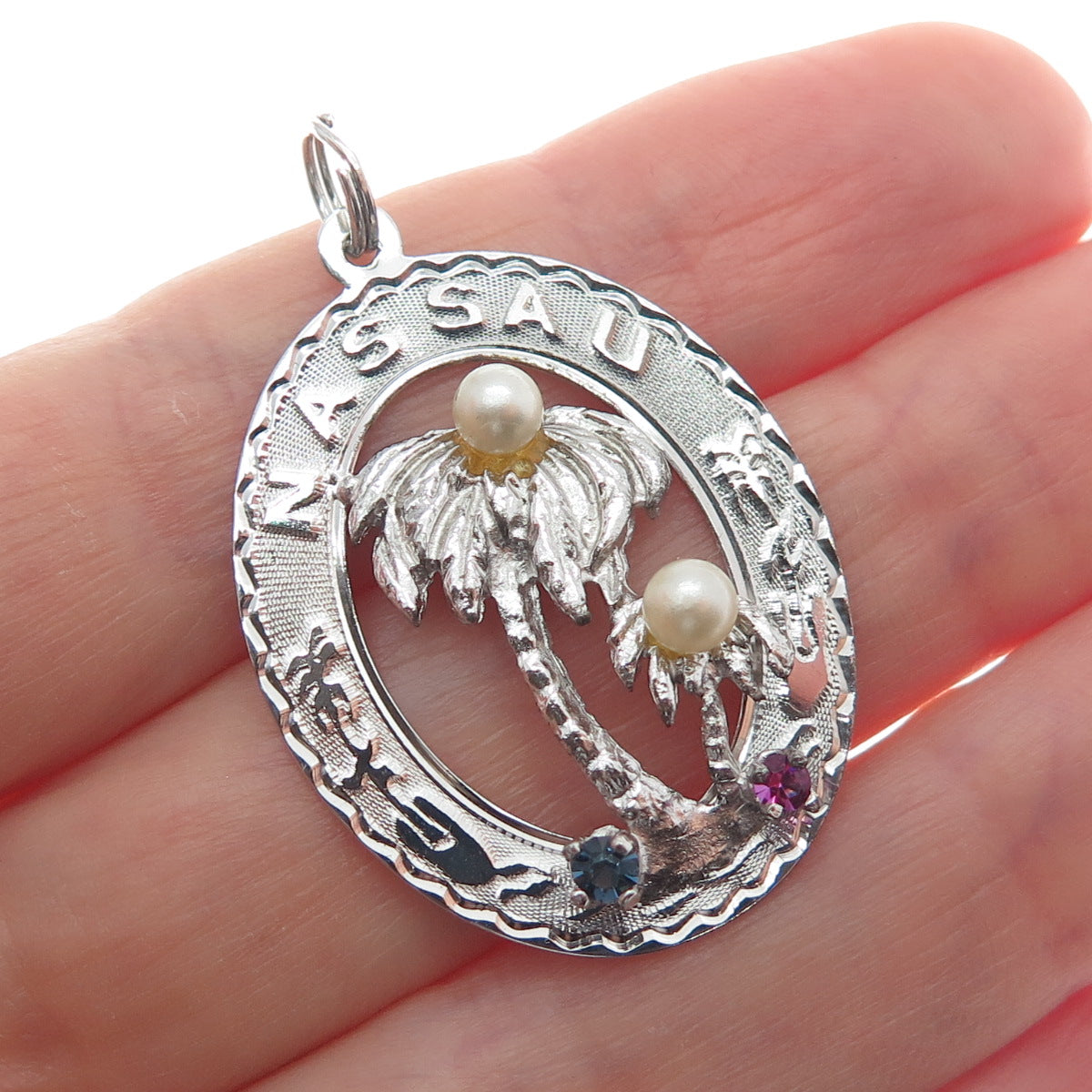 CREA 925 Sterling Silver Vintage Real Pearl Rhinestone Nassau Palm Tree Pendant