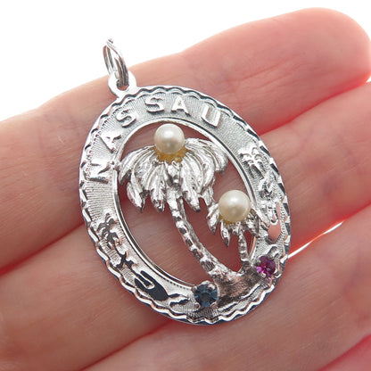 CREA 925 Sterling Silver Vintage Real Pearl Rhinestone Nassau Palm Tree Pendant