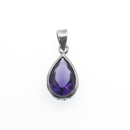 925 Sterling Silver Vintage Real Pear-Cut Amethyst Dotted Minimalist Pendant