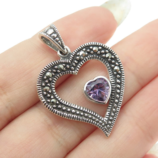 925 Sterling Silver Vintage Real Amethyst & Marcasite Gem Open Heart Pendant