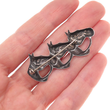 925 Sterling Silver Antique Art Deco Three Horses Oxidized Pin Brooch