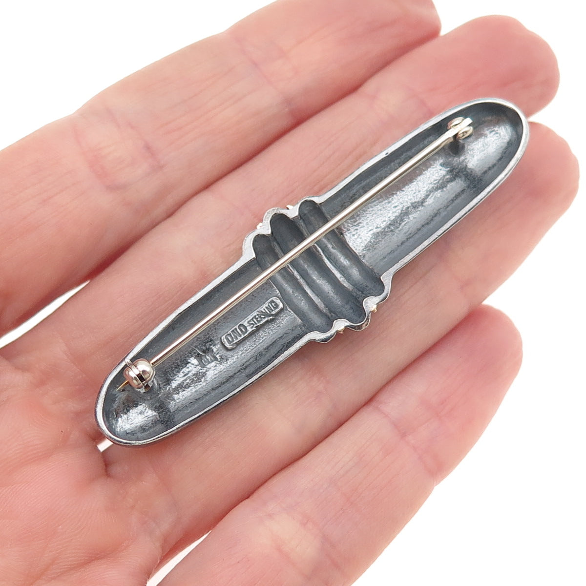 925 Sterling Silver 14K Gold Vintage DND Modernist Bar Oxidized Pin Brooch