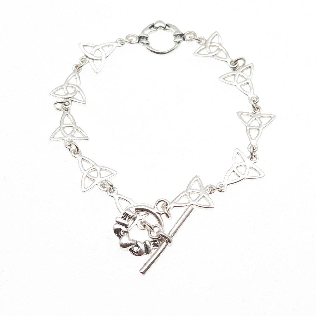 925 Sterling Silver Vintage Irish Claddagh Trinity Knot Link Bracelet 7.5"