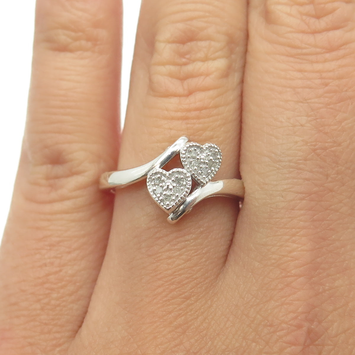 925 Sterling Silver Real Round-Cut White Diamond Heart Bypass Ring Size 7