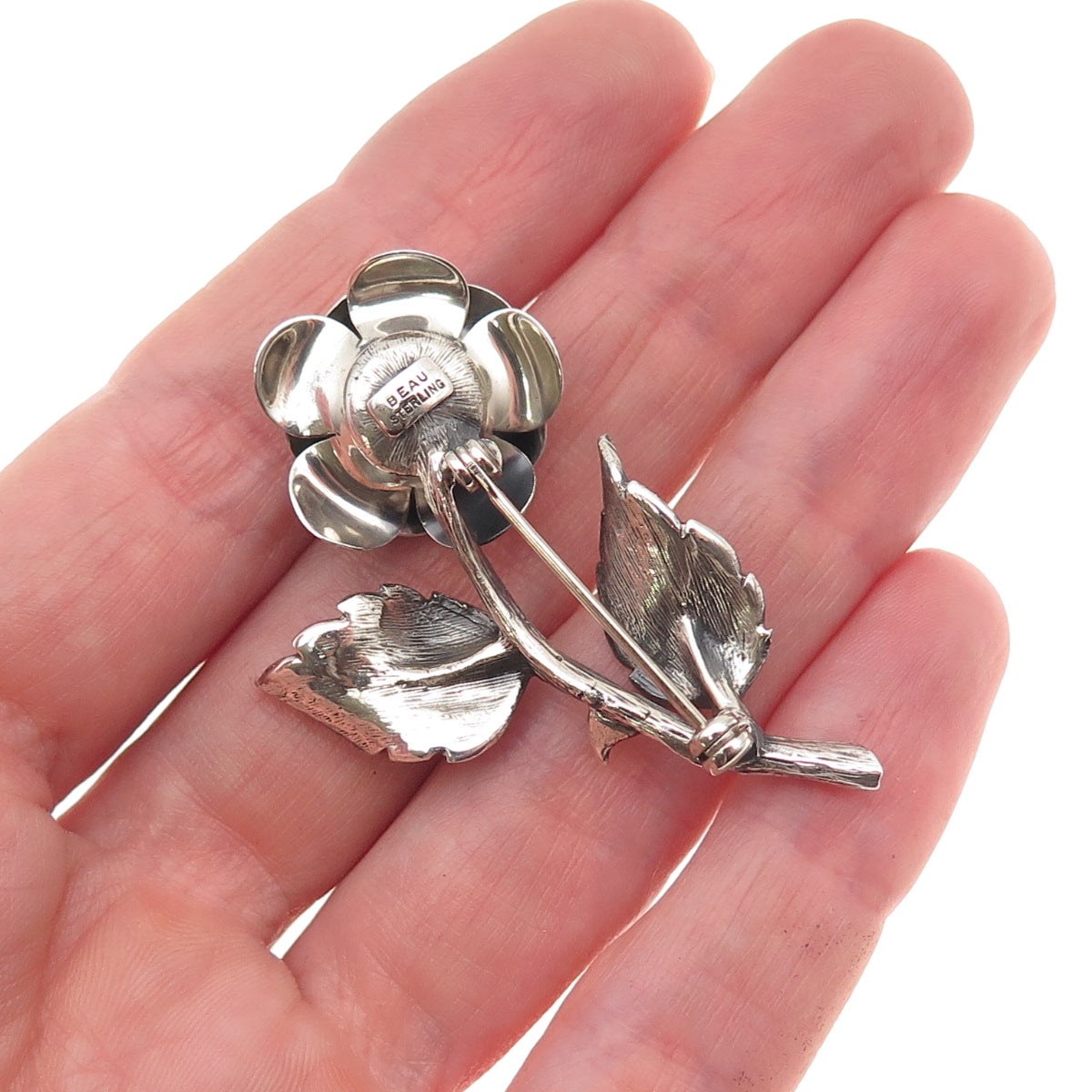 Beau 925 Sterling Silver Vintage Rose Flower Oxidized Pin Brooch