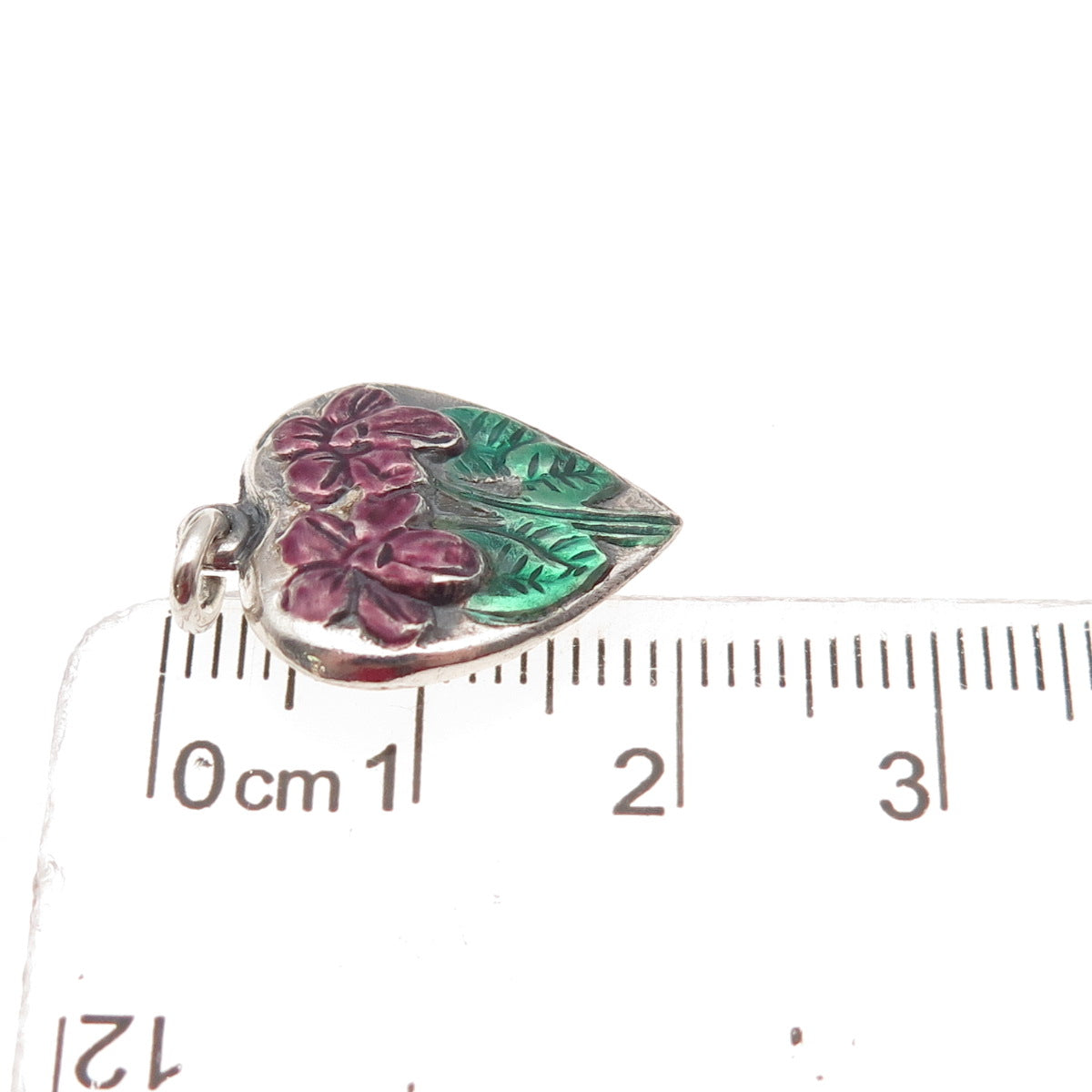 925 Sterling Silver Antique Art Deco Enamel Floral Chatelaine Heart Mini Pendant