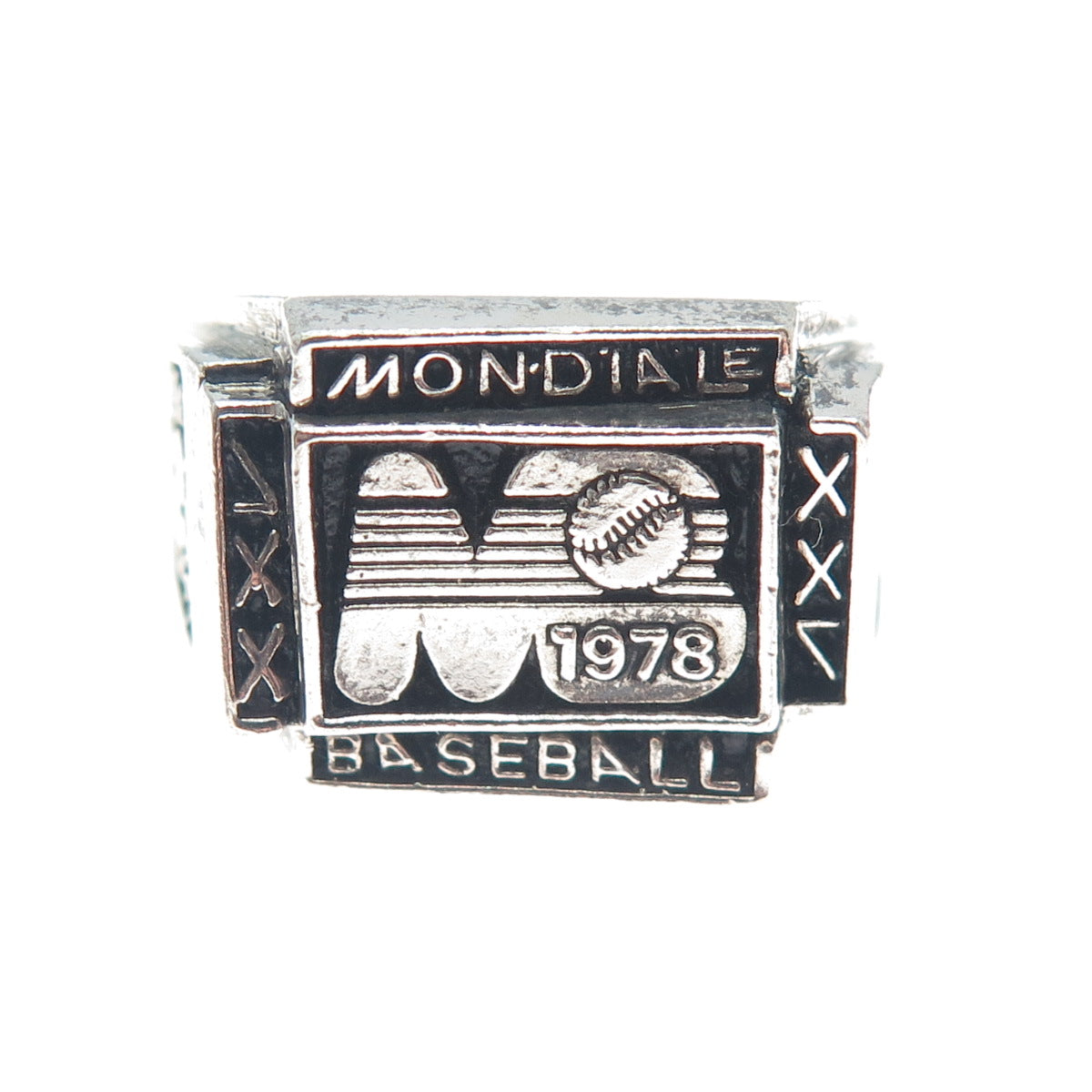 925 Sterling Silver Vintage 1978 Mondiale Baseball Oxidized Ring Size 11.75