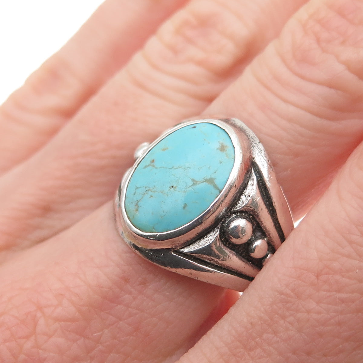 Old Pawn Sterling Silver Vintage Southwestern Turquoise Tribal Ring Size 9.25