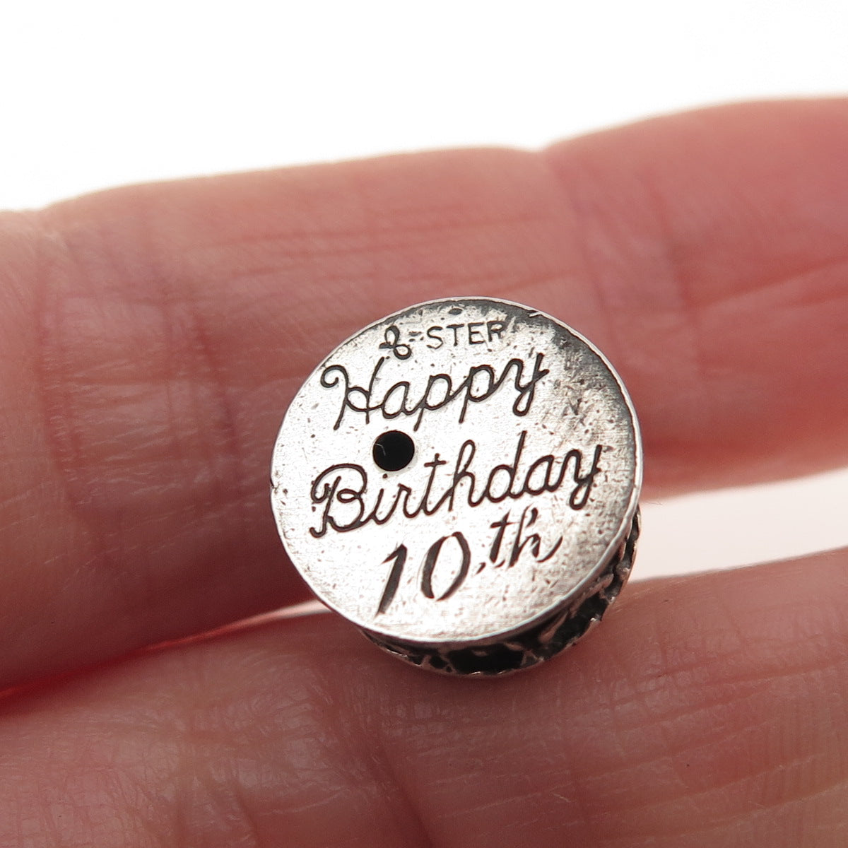 BEAU 925 Sterling Silver Antique Art Deco Happy Birthday Cake 3D Mini Pendant