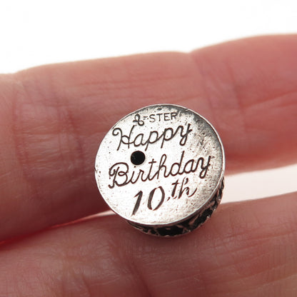 BEAU 925 Sterling Silver Antique Art Deco Happy Birthday Cake 3D Mini Pendant