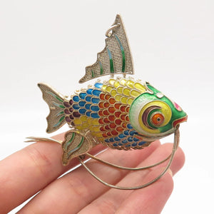 925 Sterling Silver Enamel Antique Chinese Koi Fish Articulated Chatelaine Fob