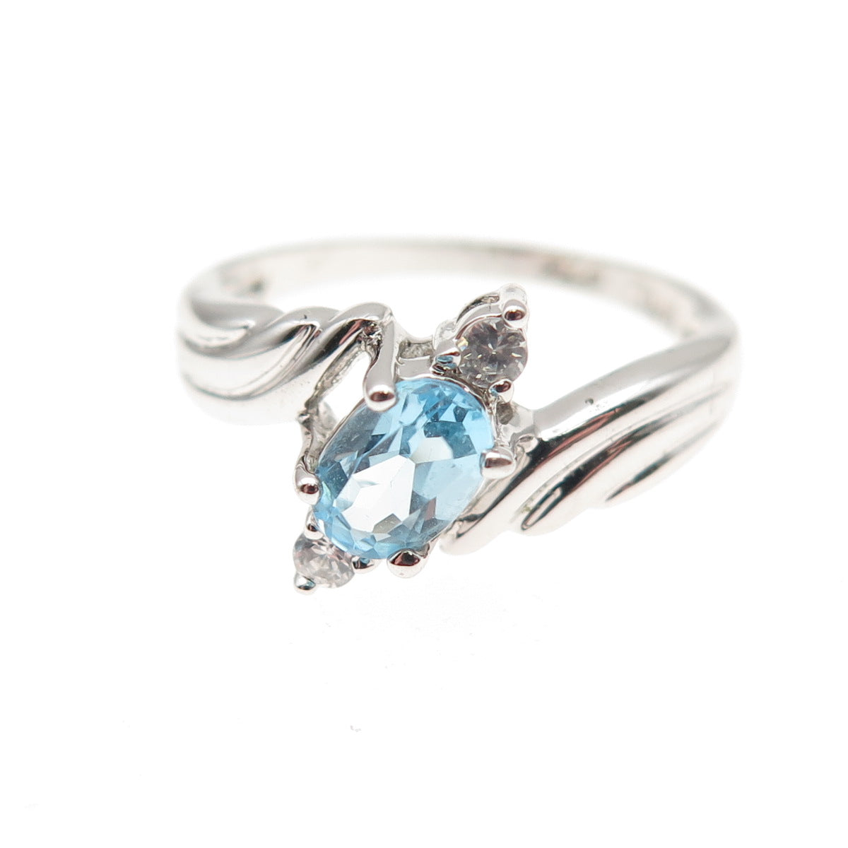 925 Sterling Silver Real Blue Topaz & C Z Bypass Ring Size 6
