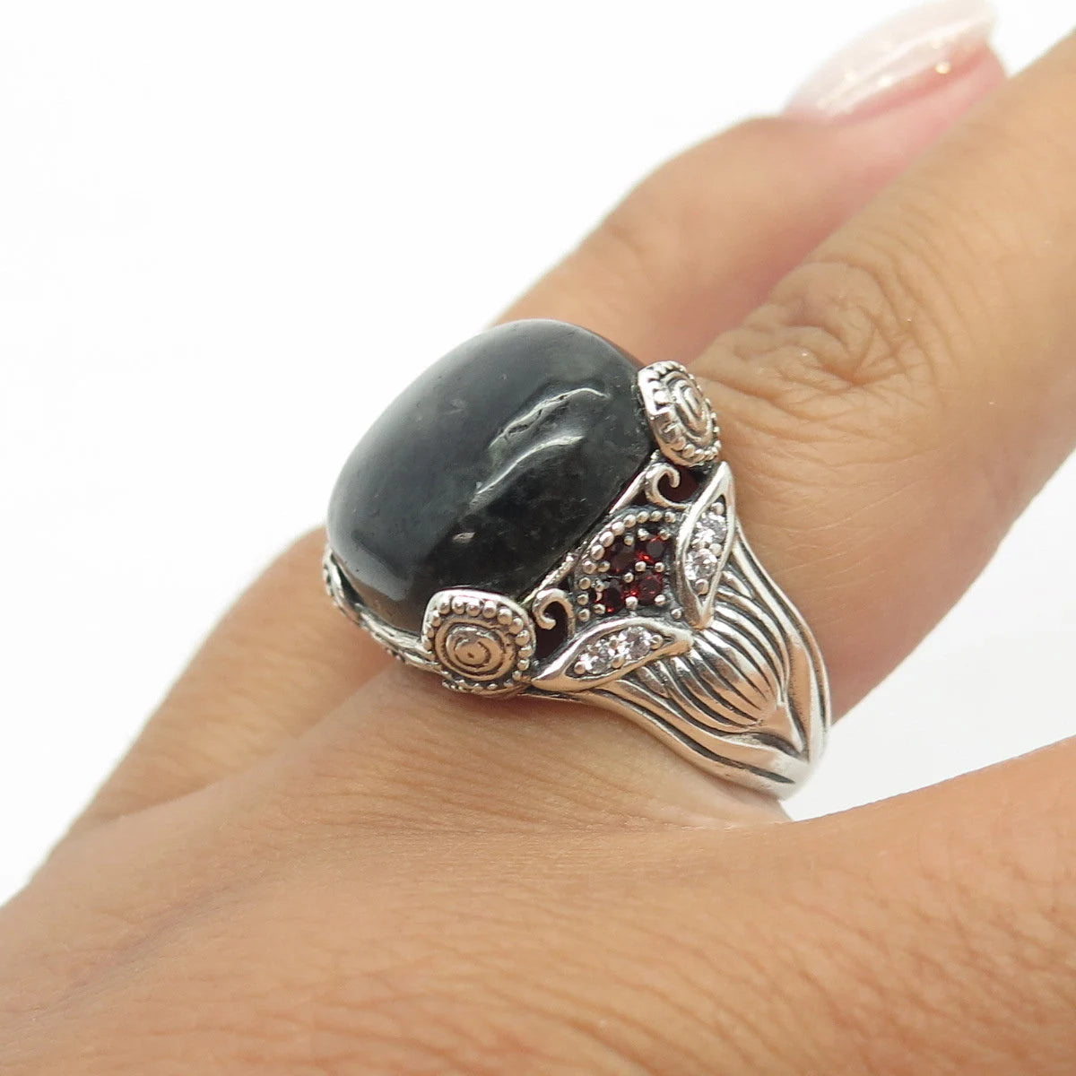 925 Sterling Silver Vintage Joy Jewelers Real Black Tiger Eye Garnet Ring Size 5
