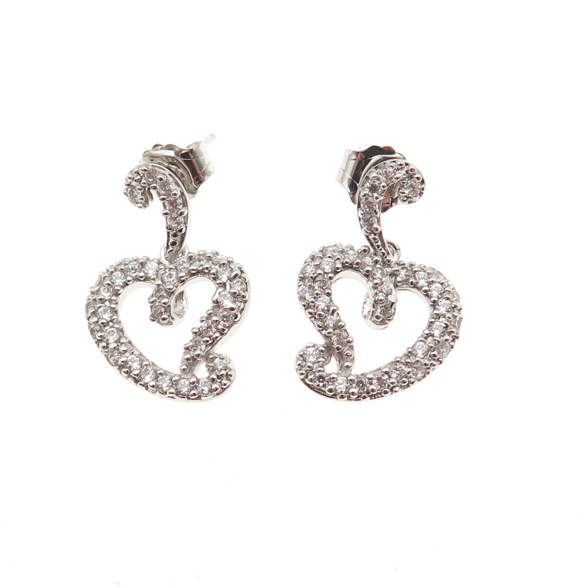 925 Sterling Silver Round-Cut C Z Heart Dangle Earrings