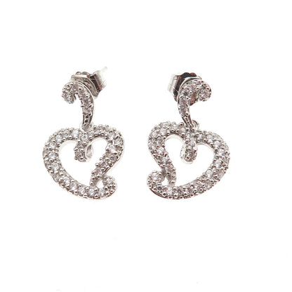 925 Sterling Silver Round-Cut C Z Heart Dangle Earrings