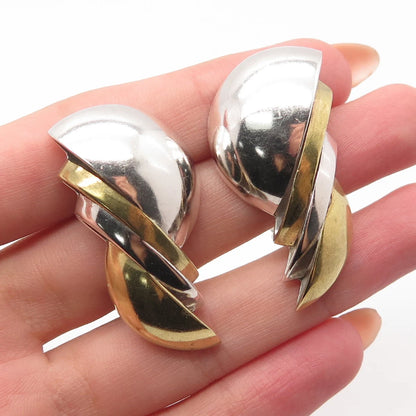 925 Sterling Silver 2-Tone Vintage Mexico Modernist Large Clip On Earrings