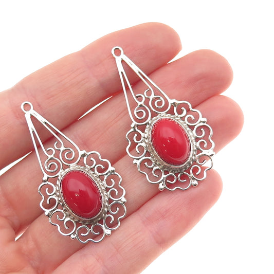 925 Sterling Silver Vintage Mexico Real Coral Ornate Jacket Earrings