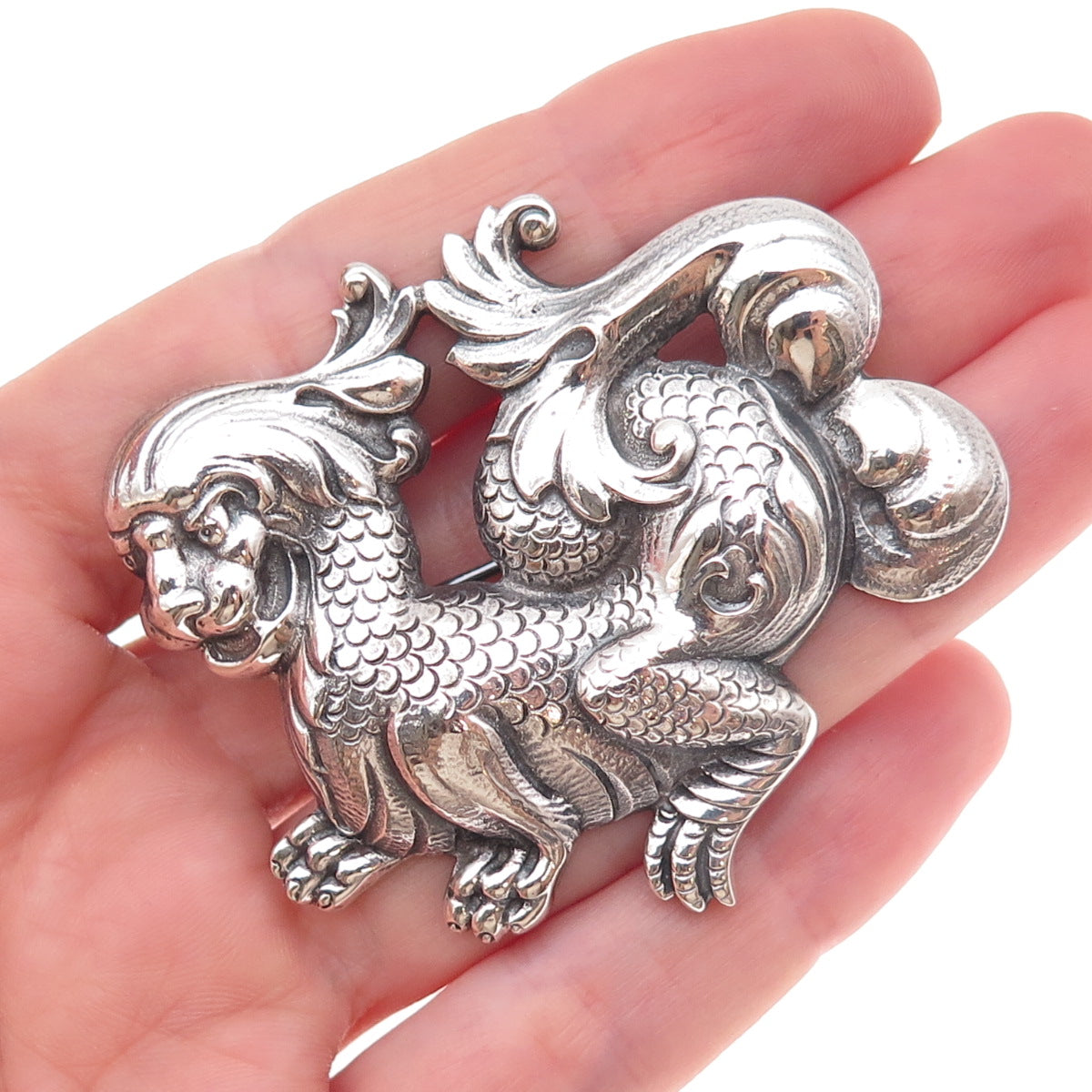 Cini 925 Sterling Silver Antique Art Deco Dragon Repousse Oxidized Pin Brooch