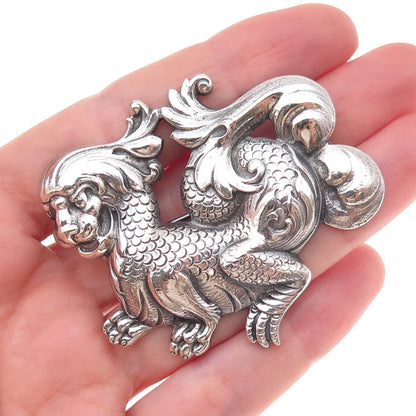 Cini 925 Sterling Silver Antique Art Deco Dragon Repousse Oxidized Pin Brooch