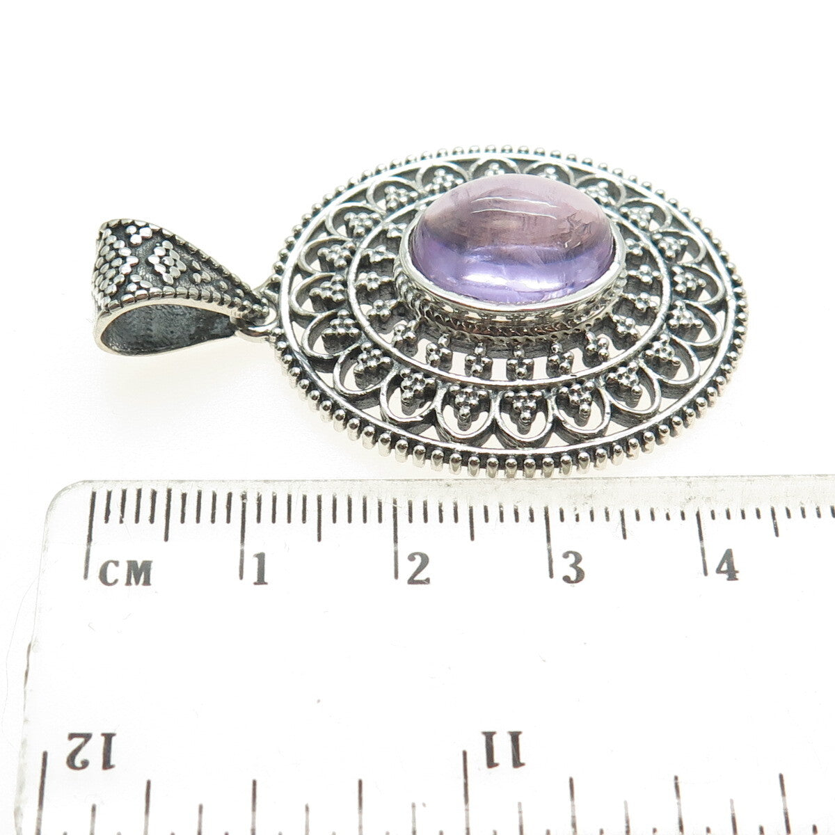 925 Sterling Silver Vintage Real Amethyst Granulated Floral Oxidized Pendant