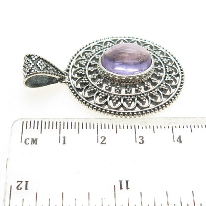 925 Sterling Silver Vintage Real Amethyst Granulated Floral Oxidized Pendant