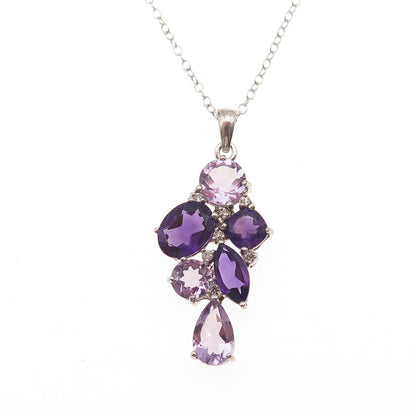925 Sterling Silver Real Amethyst & C Z Cluster Cable Chain Necklace 18"