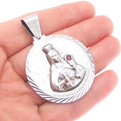 925 Sterling Silver Vintage Real Ruby St. Barbara Religious Oxidized Pendant