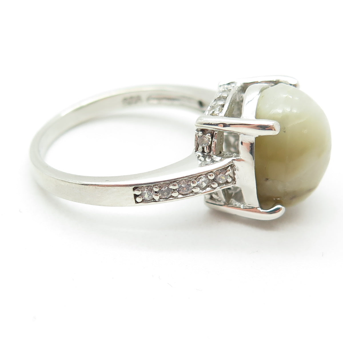 925 Sterling Silver Real Cabochon Prehnite & Round-Cut C Z Ring Size 9