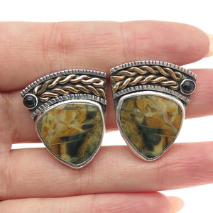 925 Sterling Silver 2-Tone Vintage Real Agate & Onyx Modernist Clip On Earrings